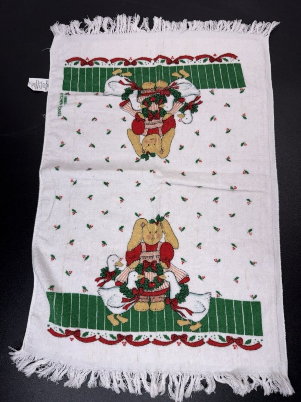 Vintage 90s B&D Royal Terry Kitchen Towel Country Christmas Goose Bunny Rabbit